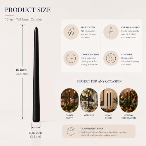 Black Taper Candle Set - 36 Unscented 10 Inch Dripless Candles for Weddings