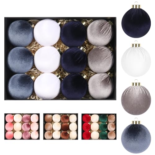 Velvet Christmas Ornaments Set - 12pcs 80mm Light Blue White Dark Blue Gray