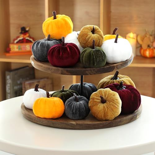 Fall Velvet Pumpkin Decor Set - Purple & Gold Assorted Harvest Table Centerpieces