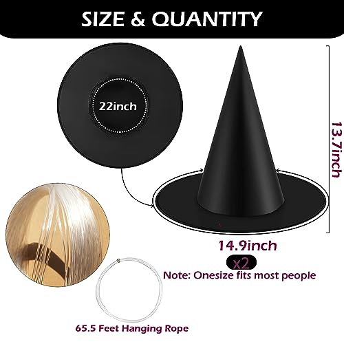 2-Pack Kids and Adults Witch Hats for Halloween Party Decorations with Hanging Rope
