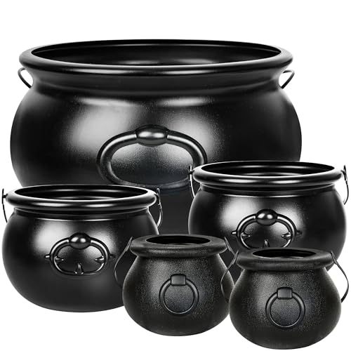 5 Pack Halloween Cauldron Candy Holders - Black Plastic Witch Decor Set