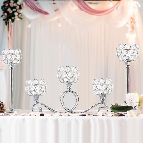 Silver 5 Arm Crystal Tea Light Candle Holder Set of 3 - Elegant Wedding & Holiday Decor