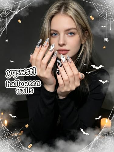 Halloween Press On Nails Medium Almond Spider Web Ghost Set - Multicolor 46