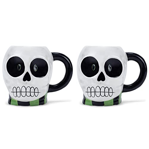 Halloween Skull Coffee Mug Set - 17oz Glossy Ceramic Cups - Pack of 2 - Spooky White Character