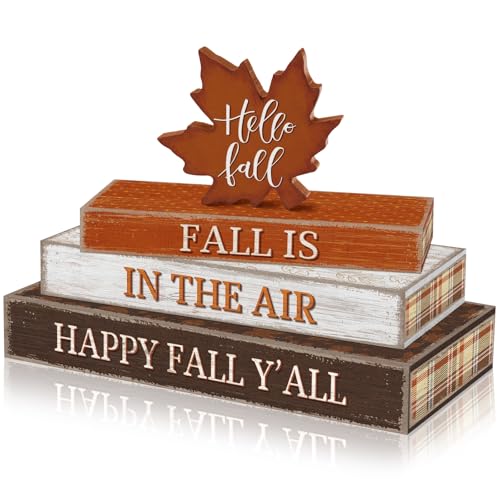 Fall Wooden Maple Leaf Decor Set - Rustic Autumn Home & Kitchen Accent - 4 Pieces Hello Fall Variation