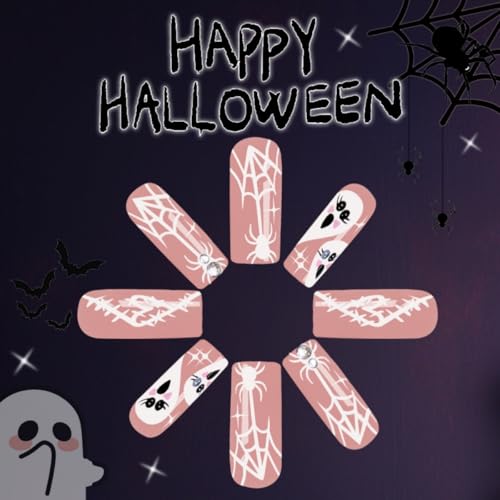 Halloween Press-On Nails Long Square Spider Web Ghost Design - Style 19 - 24 Pack