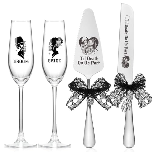 Gothic Wedding Cake Server Set with Skull Engraving & Champagne Glasses