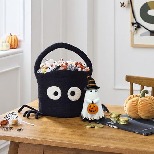 Halloween Ghost Figurine with Pumpkin Lantern - Ceramic Ghost Decor for Holiday Festivities