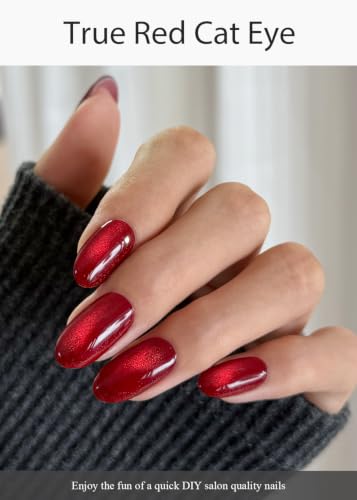Semi Cured Gel Nail Strips - True Red Cat Eye, 20 Pack Salon Quality