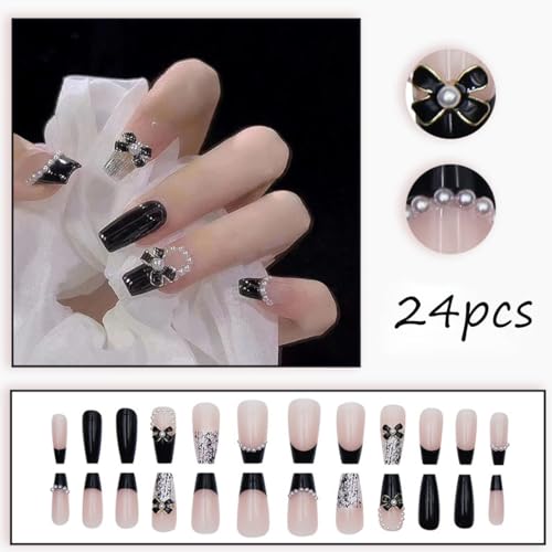 Colorful Medium Length Press-On Nails with Black Bow Pearl Design - Reusable Fake Nails, Coffin Shape, 24 Pack