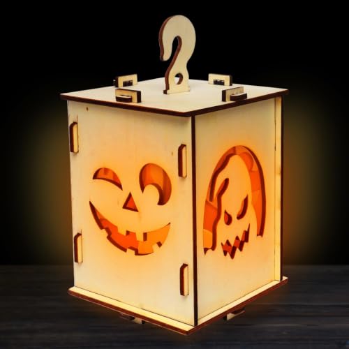 Halloween Wooden Lantern Box with Spooky Cat & Spider Cutouts - Rustic Candleholder Decor