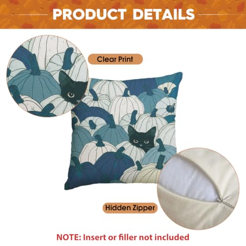 Blue Fall Pumpkin Black Cat Throw Pillow Cover 18x18 Inch - Pack of 1