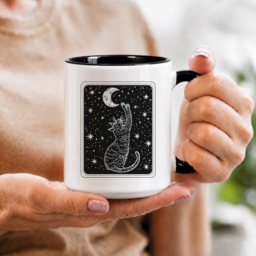 Black Cat Ceramic Mug 15 Oz Witchy Moon Gothic Coffee Cup - Cat Variation
