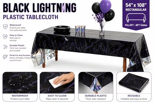 Demon Hunters Birthday Party Tablecloth - Black, Iridescent K-pop Decor, 108x54 Inches