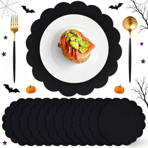 Black Paper Placemats 13.5 Inch Scalloped Halloween Table Decor - 60 Pcs