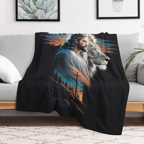 Jesus and the Lion Throw Blanket 40x50 Inch - Cross Art Design, Soft Eco-Friendly Fleece