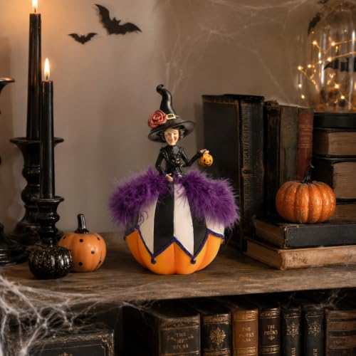 Halloween Witch Figurine with Pumpkin and Basket - Black and White Home Decor