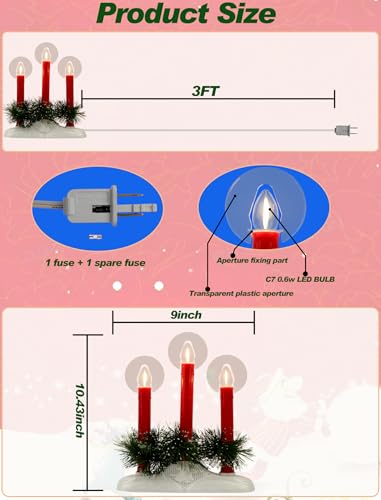 Red Plug-in Electric Window Candles 3-Light Flameless Christmas Candolier - Safe LED Lights