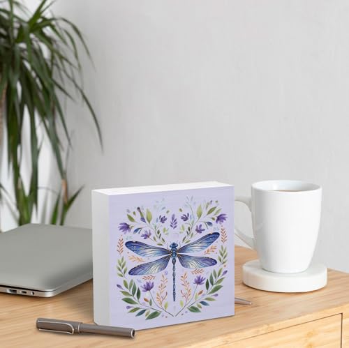 Purple Floral Dragonfly Wooden Desk Sign - Rustic Decorative Table Accent