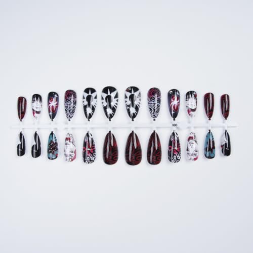 Gothic Press On Nails Set - Medium Almond Fake Nails with Gem Rhinestones - Black White Red Design - Variation Gothic-18