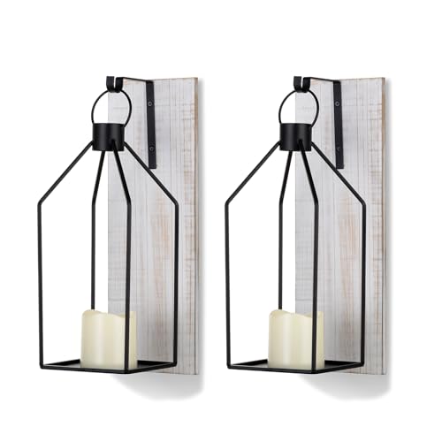 Washwhite Farmhouse Wall Candle Sconce Set of 2 with Wooden Boards & Metal Lanterns