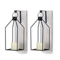 Washwhite Farmhouse Wall Candle Sconce Set of 2 with Wooden Boards & Metal Lanterns