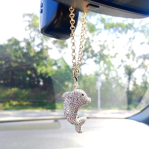 White Bling Dolphin Rear View Mirror Charm - Sparkling Rhinestones Car Decor