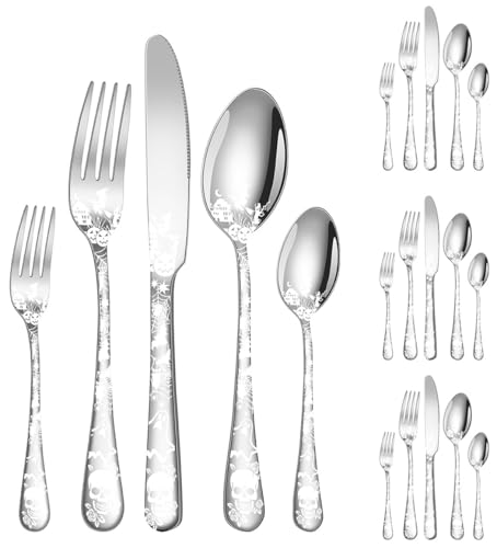 Halloween Skeleton Silverware Set for 4 - 20-Piece Stainless Steel Flatware with Gothic Skeleton Pattern - Silver Variation