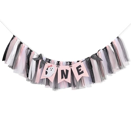 Pink and Black Halloween First Year Birthday Highchair Banner with Ghost Theme and Bows