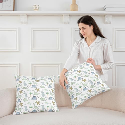 Kids Dinosaur Pillow Cover White 18x18 Inches Pack of 2 - Watercolor Jungle Animals