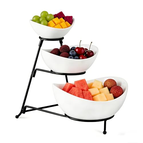 Gomakren 3-Tier Serving Bowl Set with Black Stand, Chip & Dip Holder