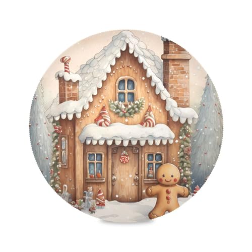 Christmas Snow Gingerbread Man Round Placemats Set of 6 - Holiday Table Decor - Washable & Heat Resistant - 15.4 inch - Variation 8