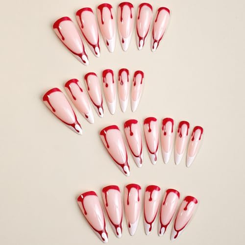 Halloween 24PCS Press On Nails Long Stiletto Blood Design White Tips - Variation Halloween12