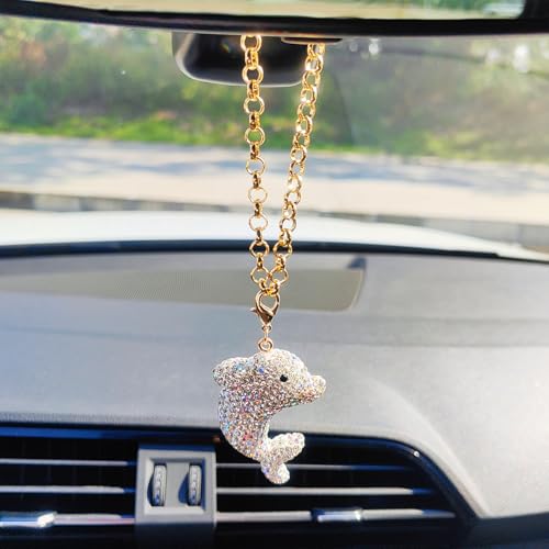 White Bling Dolphin Rear View Mirror Charm - Sparkling Rhinestones Car Decor