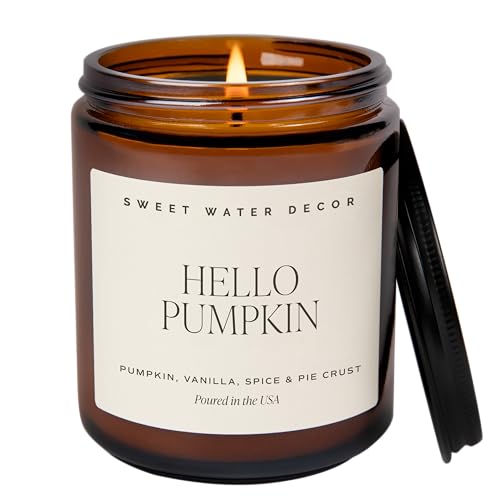 Hello Pumpkin Scented Candle in Amber Jar - Fall Decor, 9oz, Tan Label Variation