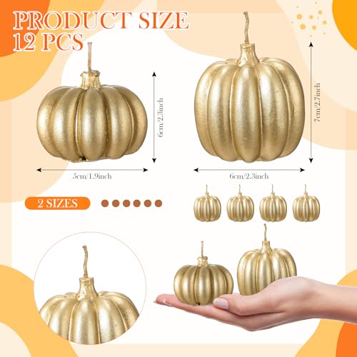 Gold Pumpkin Candles Set of 12 - Halloween & Thanksgiving Decor, 2 Sizes