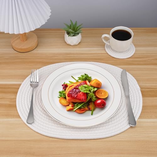 White Boho Placemat Set of 6 with Coasters - Natural Woven Cotton Farmhouse Table Mats for Dining, Fall & Holiday Decor