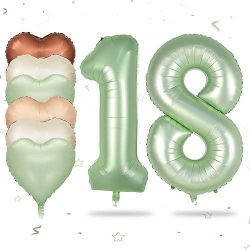 Sage Green 18th Birthday Balloons Set - Foil Number 18 & Heart Decorations