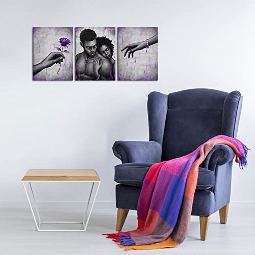 African American Couple Wall Art Canvas Set - Purple & Gold 12x16x3