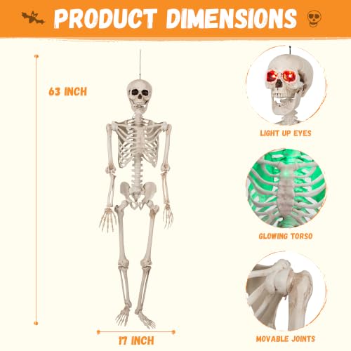 Full Body Skeleton Halloween Decoration - Life Size Posable Skeleton with Light-Up Eyes & Body, 5.2 ft