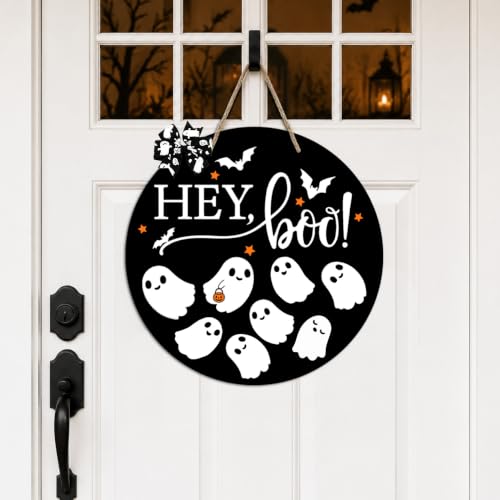 Halloween Welcome Door Sign Wooden Hanging Decor - Ghost Design, 12x12in