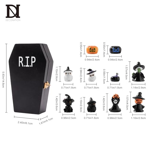 Halloween Miniature Figurines Set - Coffin & Witch Owl Skeleton Pumpkin Decor - Variation of Hat & Witch & Owl