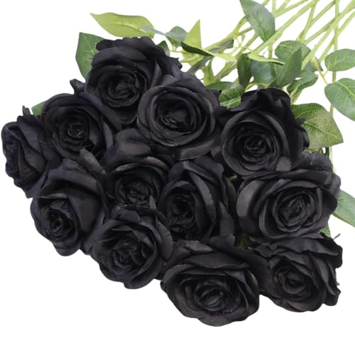 Black Artificial Roses Flowers - 12 Pcs Fake Silk Long Stem Bouquets for Halloween & Gothic Decor - Variation of 12-PCS / Black