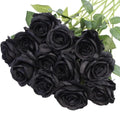 Black Artificial Roses Flowers - 12 Pcs Fake Silk Long Stem Bouquets for Halloween & Gothic Decor - Variation of 12-PCS / Black