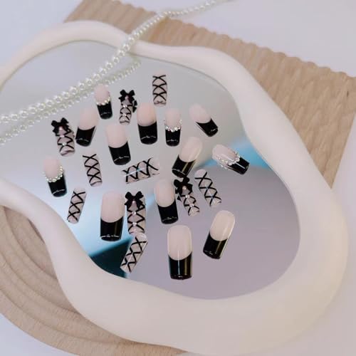 Colorful French Tip Press On Nails Medium Long Bling Rhinestone Bow 3D Bow Artificial Nails - 24pcs - Bow Ties
