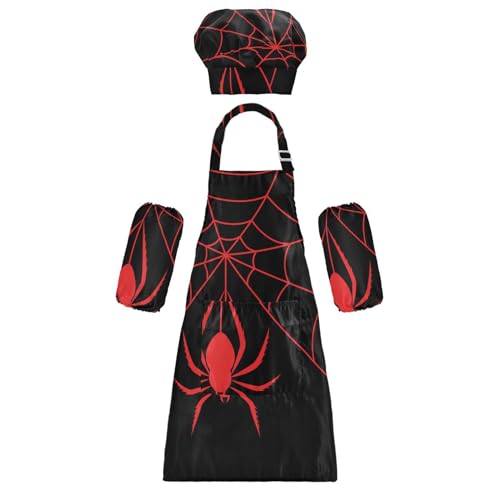 Kids Halloween Spider Apron Set with Chef Hat & Sleeves - Variation S (Ages 3-6)