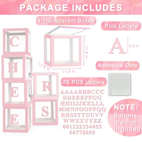 Pink Transparent Balloon Boxes with 78 Letters and Numbers - Set of 6 for Party Decorations