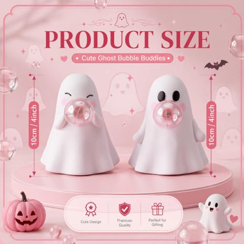 Halloween Ghost Figurines Set of 2 - Cute Ceramic Bubble Gum Ghost Statues - White Variation