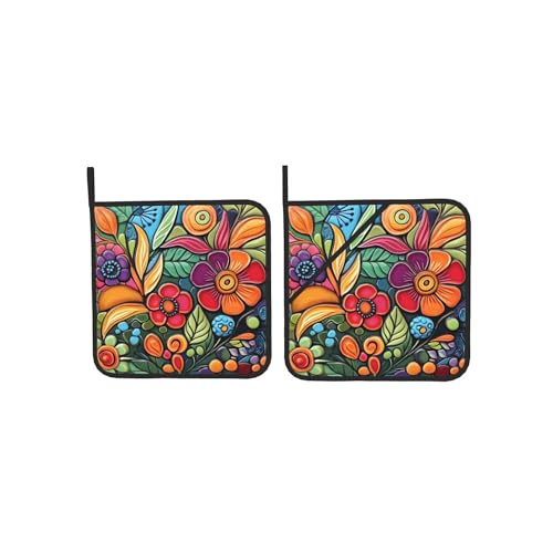 Colorful Boho Pot Holders Set of 2 - Heat Resistant Kitchen Oven Pads
