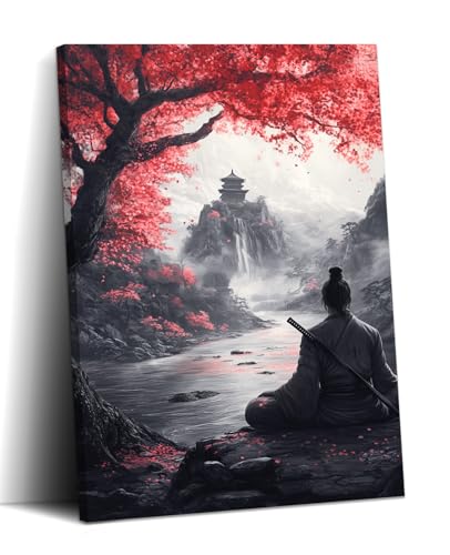 Japanese Canvas Wall Art Samurai Warrior & Red Tree Landscape – 12x18 inch, Ready to Hang, Asian Artwork for Living Room & Home Decor - Art-8